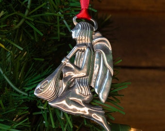 Angel Polished Ornament - Angel Playing Music - Pewter Christmas Ornament