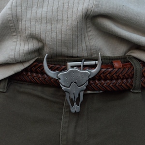 Longhorn Bull Skull Satin Belt Buckle - Longhorn Bull Skull Buckle - Pewter Belt Buckle Hand crafted in the USA