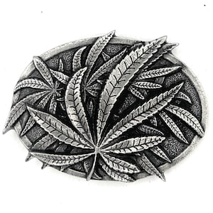 Marijuana Leaves Satin Belt Buckle - Marijuana Leaves Buckle - Pewter Belt Buckle Hand crafted in the USA