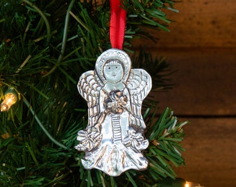 Angel Polished Ornament - Angel with Wreath - Pewter Christmas Ornament