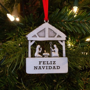 Hand crafted in the USA Feliz Navidad Nativity Scene Satin finish Ornament