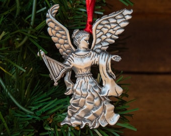 Angel Satin Ornament - Angel with Harp - Pewter Christmas Ornament