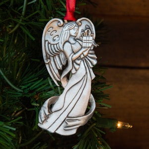 Hand crafted in the USA Angel Satin Ornament - Angel with a Gift - Pewter Christmas Ornament