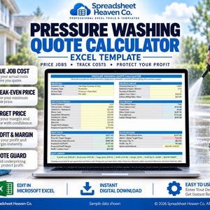 May include: A digital pressure washing quote calculator Excel template displayed on a laptop screen. The interface features sections for job details, costs, pricing, and quote decisions. Text includes Spreadsheet Heaven Co. and various business labels.