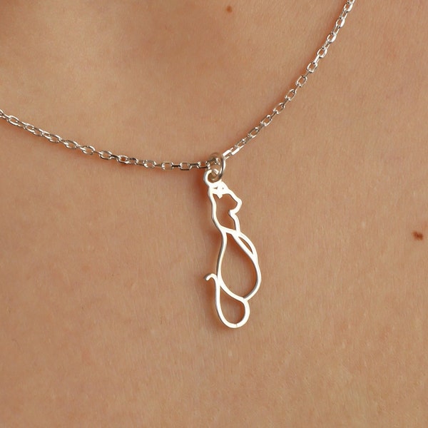 Silver Cat Silhouette Necklace, Cute Cat Necklace, Sterling Silver Cat Pendant, Dainty Animal Necklace, Kitten Necklace