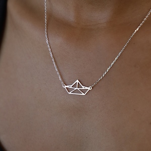 Sterling Silver Paper Boat Necklace, Origami Paper Boat Pendant, Geometric Sail Charm Necklace, Dainty Paper Boat Necklace, Origami Jewelry