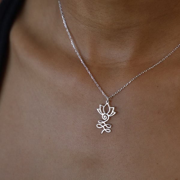 Sterling Silver Lotus Unalome Pendant Necklace, Spiritual Jewelry, Yoga Pendant, Buddhist Symbolic Necklace, Lotus Flower Unalome Necklace