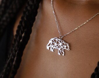 Sterling Silver Polar Bear Necklace, Geometric Mama Bear Necklace, Origami Bear Pendant, Origami Jewelry, Dainty Animal Necklace