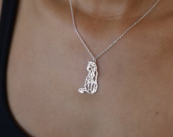 Silver Origami Cat Necklace, Sterling Silver Cat Pendant, Cute Animal Necklace, Silver Cat Silhouette Necklace, Kitten Necklace