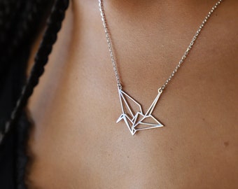 Sterling Silver Paper Crane Bird Necklace, Origami Crane Bird Necklace, Geometric Bird Pendant, Origami Jewelry, Silver Bird Jewelry