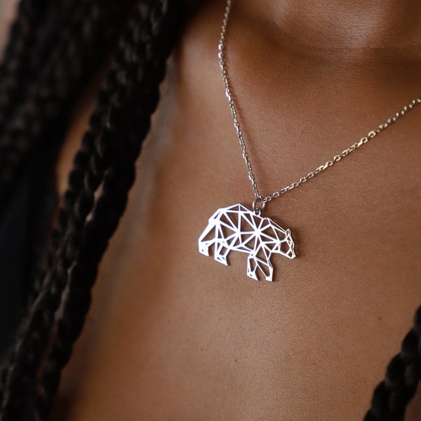 Sterling Silver Polar Bear Necklace, Geometric Mama Bear Necklace, Origami Bear Pendant, Origami Jewelry, Dainty Animal Necklace