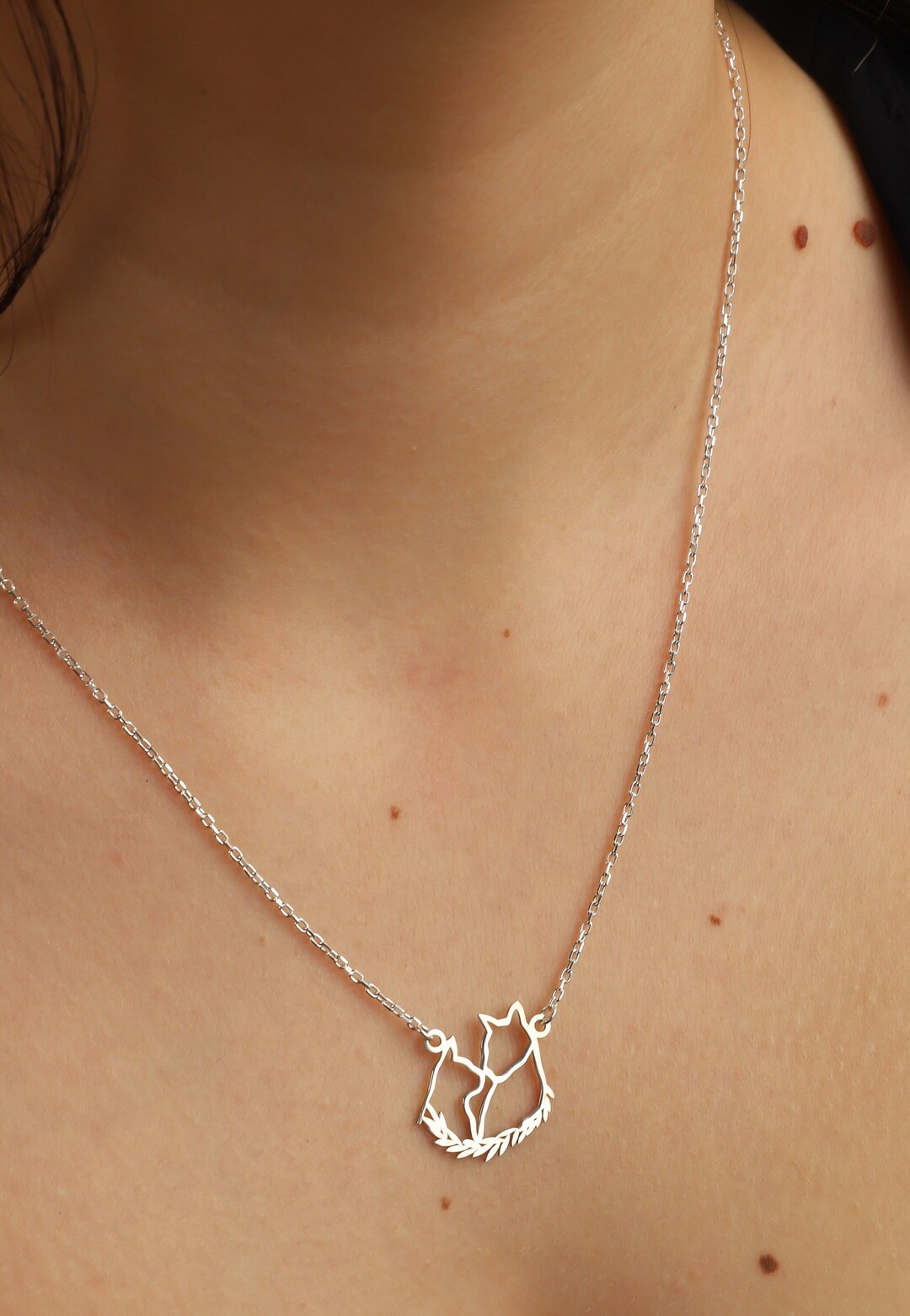 Line Art Two Cats Necklace, Silver Animal Necklace, Two Cats Silhouette