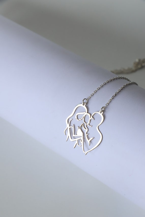 Silver Family Hugging Necklace, Mom Dad and Baby Necklace