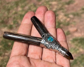 Chontahout, Kuripe-pijp - Hape-applicator - met chrysocolla- en tijgeroogsteen