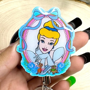 Blue princess badge reel, acrylic ID holder with bow and mice details, retractable name tag for nurses, teachers, students, fairytale fans