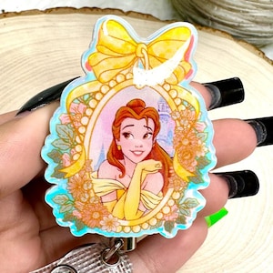 Yellow dress princess badge reel, floral acrylic ID holder, cute retractable name tag for nurses, teachers, students, fairytale fans