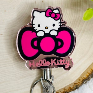 Cute Kitty in a Bow Badge Reel, Engraved Blush Pink Mirrored Acrylic ID holder, Nurse badge holder, Girly Character Badge Holder, cat lovers