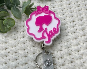 AfroMalibu Girl Personalized Badge Reel, Acrylic ID holder, Nurse badge holder, Pink and white Acrylic Badge Reel, Personalized badge holder