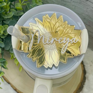 Gold Sunflower Personalized Tumbler Plate, Girly Stanley Tumbler Name Tag, Custom Name Tumbler Tag, Stanley Cups Name Plates, Gifts for her image 3