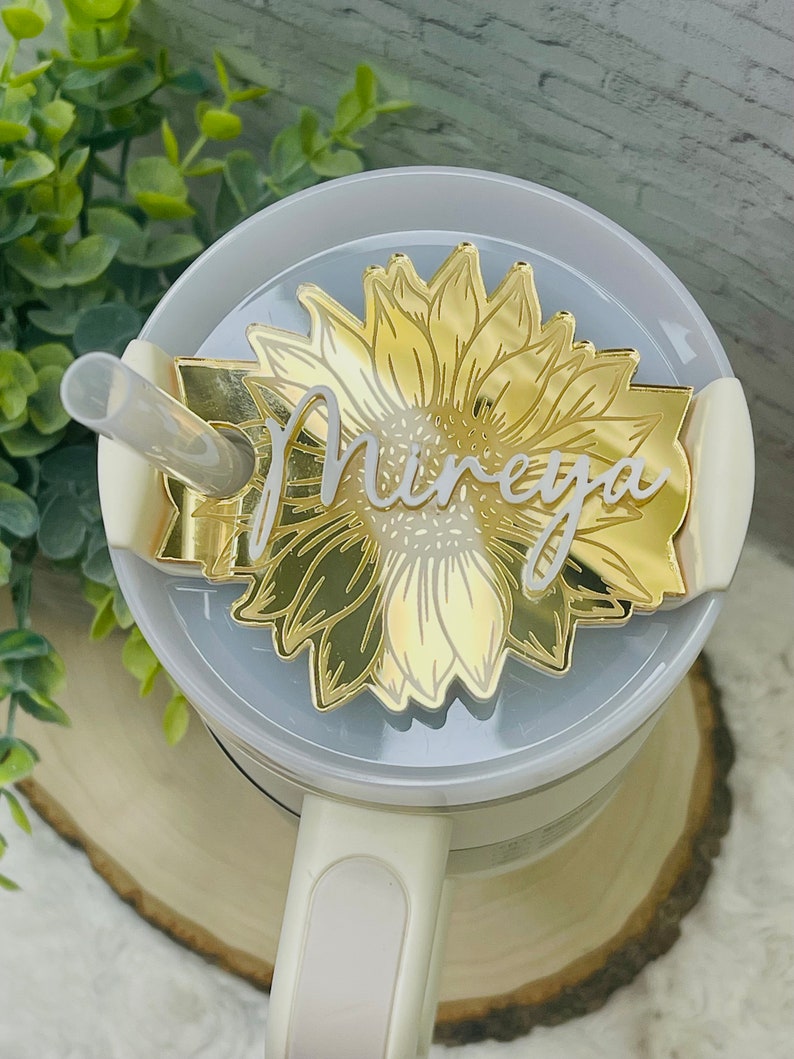 Gold Sunflower Personalized Tumbler Plate, Girly Stanley Tumbler Name Tag, Custom Name Tumbler Tag, Stanley Cups Name Plates, Gifts for her image 3