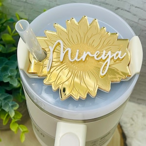 Gold Sunflower Personalized Tumbler Plate, Girly Stanley Tumbler Name Tag, Custom Name Tumbler Tag, Stanley Cups Name Plates, Gifts for her