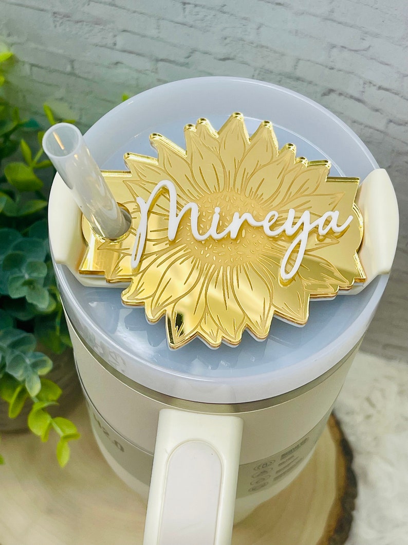 Gold Sunflower Personalized Tumbler Plate, Girly Stanley Tumbler Name Tag, Custom Name Tumbler Tag, Stanley Cups Name Plates, Gifts for her Gold Mirror