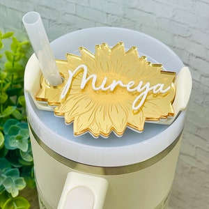 Gold Sunflower Personalized Tumbler Plate, Girly Stanley Tumbler Name Tag, Custom Name Tumbler Tag, Stanley Cups Name Plates, Gifts for her image 4
