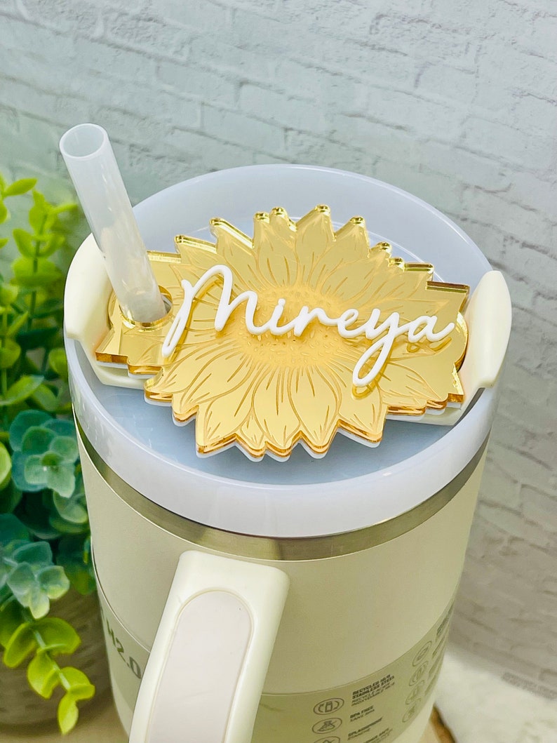 Gold Sunflower Personalized Tumbler Plate, Girly Stanley Tumbler Name Tag, Custom Name Tumbler Tag, Stanley Cups Name Plates, Gifts for her image 4