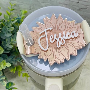 Gold Sunflower Personalized Tumbler Plate, Girly Stanley Tumbler Name Tag, Custom Name Tumbler Tag, Stanley Cups Name Plates, Gifts for her Rose Gold Mirror
