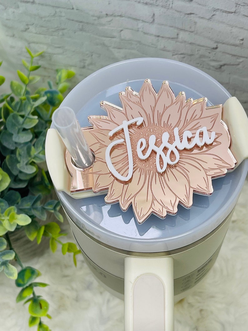 Gold Sunflower Personalized Tumbler Plate, Girly Stanley Tumbler Name Tag, Custom Name Tumbler Tag, Stanley Cups Name Plates, Gifts for her Rose Gold Mirror