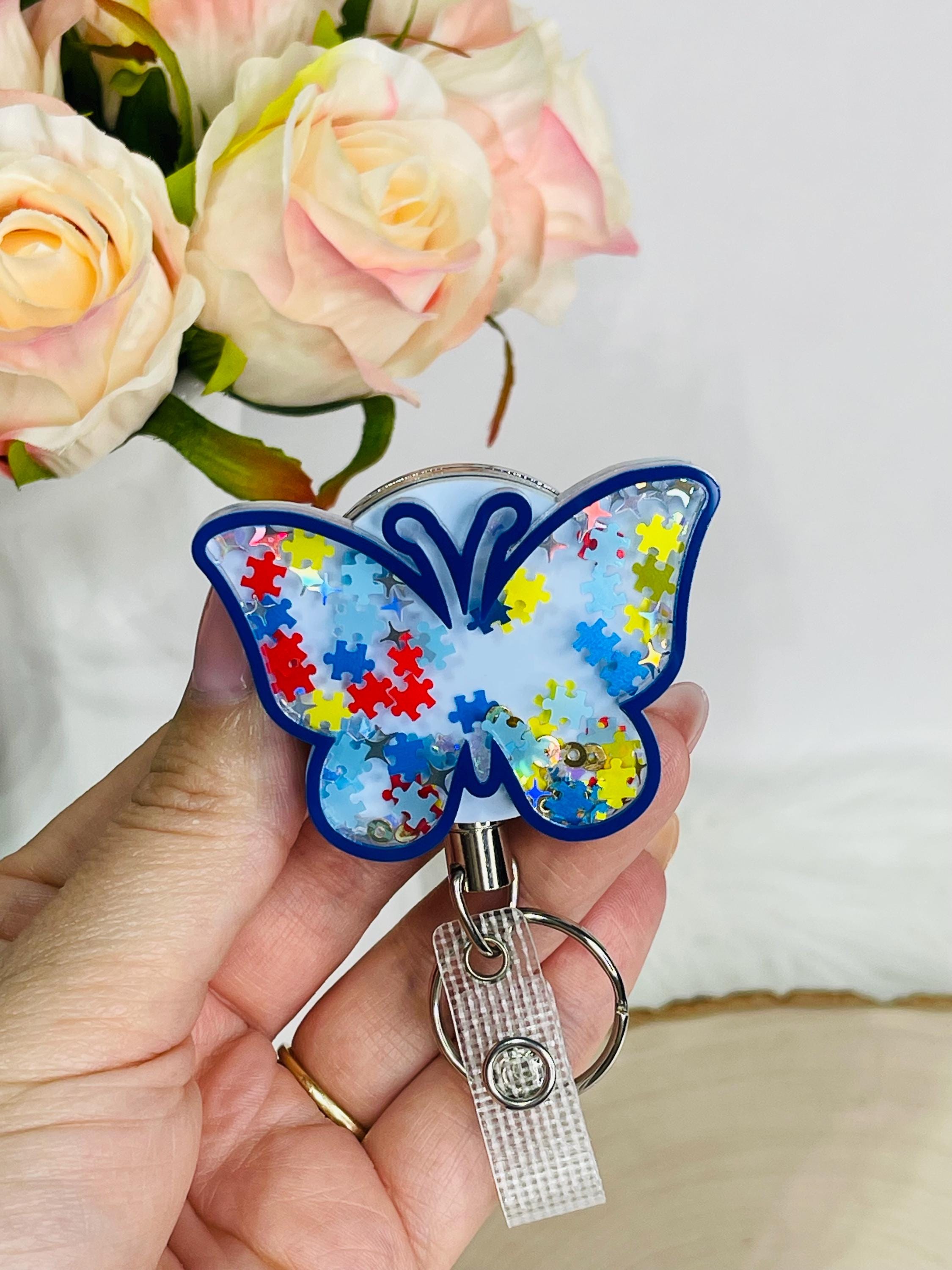 Autism Awareness Butterfly Shaker Badge Reel Puzzle Glitter ID Holder ...
