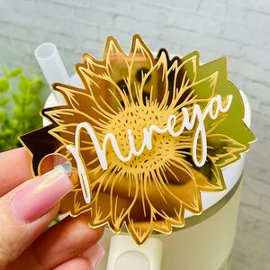 Gold Sunflower Personalized Tumbler Plate, Girly Stanley Tumbler Name Tag, Custom Name Tumbler Tag, Stanley Cups Name Plates, Gifts for her image 2