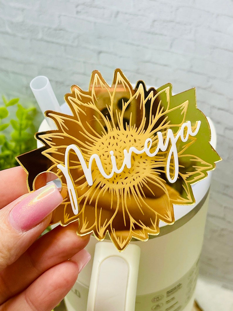 Gold Sunflower Personalized Tumbler Plate, Girly Stanley Tumbler Name Tag, Custom Name Tumbler Tag, Stanley Cups Name Plates, Gifts for her image 2