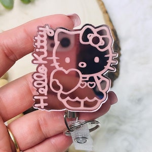Cute Kitty Heavy Duty Badge Reel, Engraved Blush Pink Mirrored Acrylic ID holder, Nurse badge holder, Girly Character Badge Holder