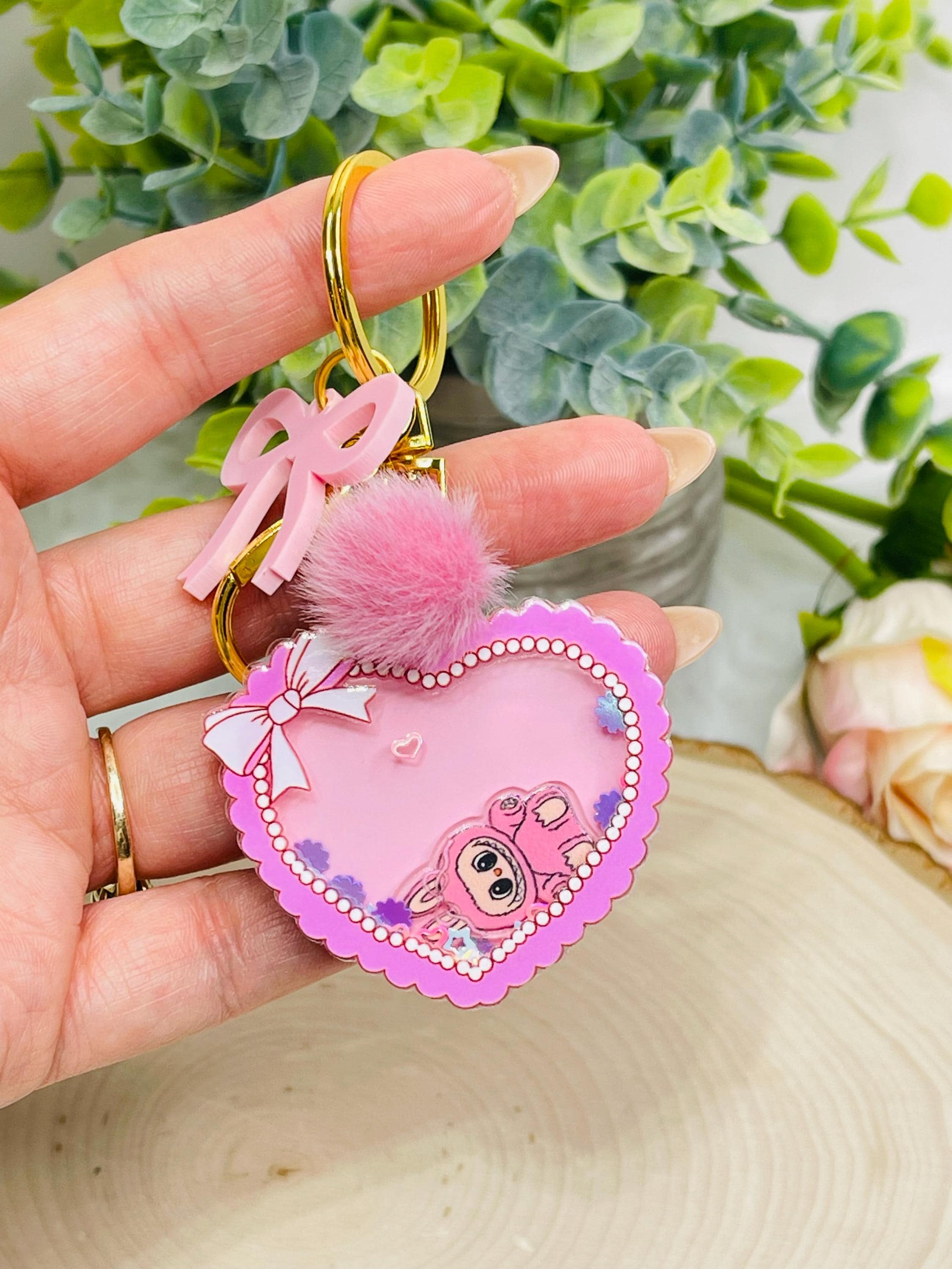 Personalized Labubu keychain, Pink charm for backpack and purse, keychain for girls, custom acrylic keychain gift idea, Custom Name engraved