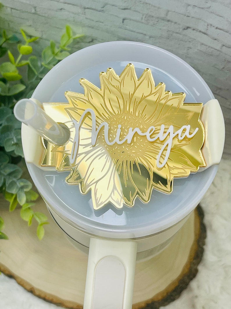 Gold Sunflower Personalized Tumbler Plate, Girly Stanley Tumbler Name Tag, Custom Name Tumbler Tag, Stanley Cups Name Plates, Gifts for her image 5