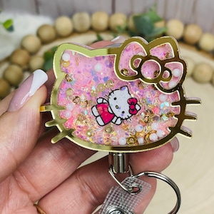 Pink Kitty Badge Reel, Glitter Shaker Acrylic ID holder, Gift for Nurse Badge holder, Badge Reel, school ID holder, retractable badge reel