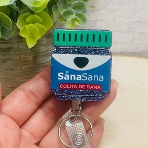 Sana Sana Badge Reel, Acrylic ID holder, Nurse badge holder, Medicine Jar Badge Reels, blue glitter Badge Reel, Hispanic traditions reel