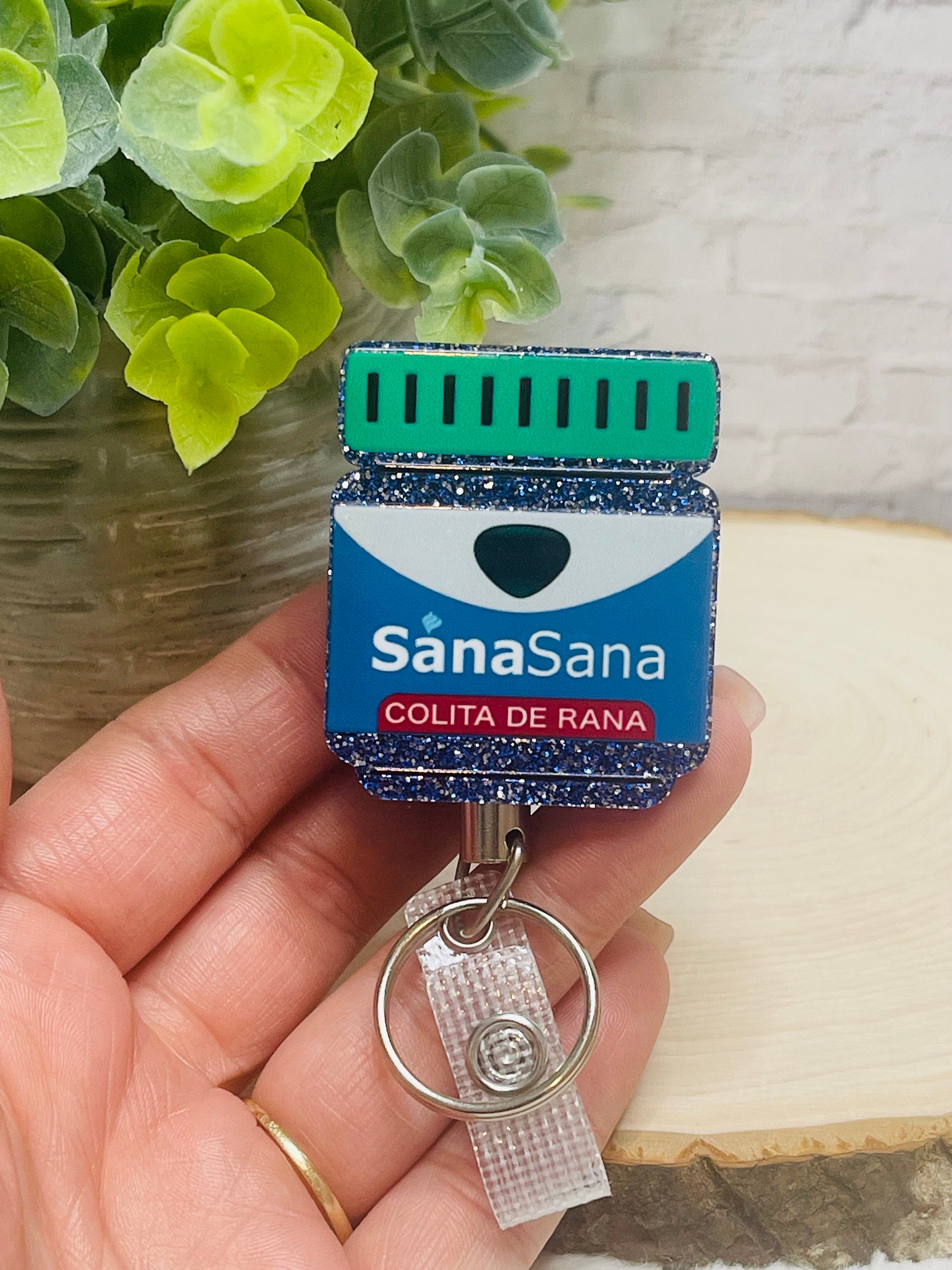 Sana Sana Badge Reel, Acrylic ID holder, Nurse badge holder, Medicine Jar Badge Reels, blue glitter Badge Reel, Hispanic traditions reel