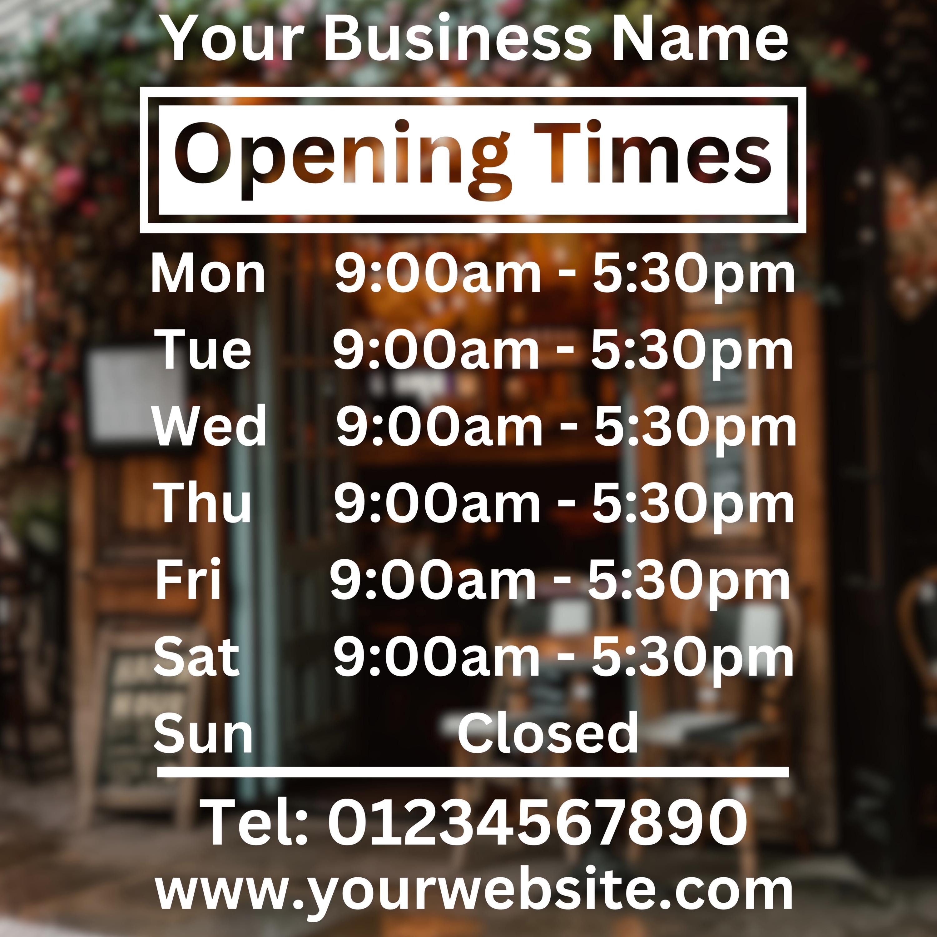 thumbnail interactive-video image 1 of Customise-It Personalised Opening Times Vinyl Decal, Custom Shop Window Sign, Modern 1 of 5