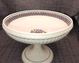 May include: A white ceramic cake stand with a decorative floral and geometric border. The stand has a pedestal base and a raised, round serving surface. The rim features a pattern of red, blue, and black geometric shapes.