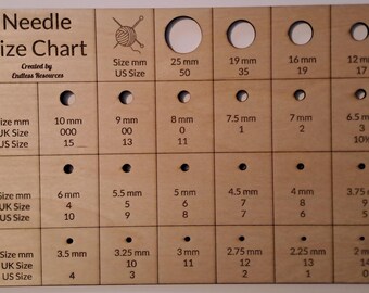 Wooden Knitting Needle Size Chart changing from millimetres to US sizes and UK sizes.  Roughly A4 in size covering from 25mm to 2mm