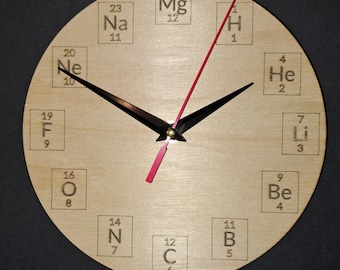 Wooden Analogue Clock with chemical elements as numbers - 19cm discs - Laser engraved with Silent Quartz Clock Movement