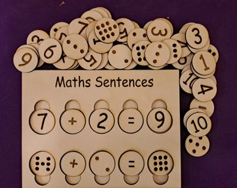 Wooden Maths Sentence Grid - includes 54 tiles (3cm) and grid (A5) - school or home learning maths add subtract dots simple Montessori