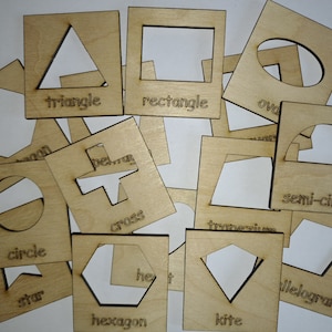 15 Wooden Shape Stencils Set - each tile 60mm high and thicker 3mm basswood - drawing shapes - home school Montessori