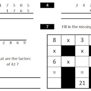 May include: A white worksheet with mathematical problems. Includes subtraction, multiplication, division, and a grid to fill in missing numbers. The text "What are the factors of 42?" is also present.