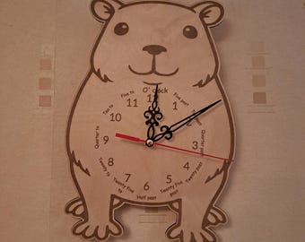 Capybara Wooden Analogue Clock with first learning description - 29cm by 19cm, Silent Quartz  Movement