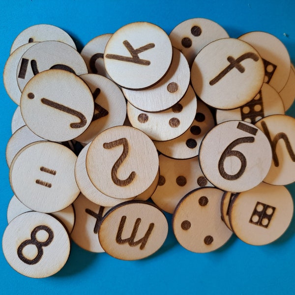 Letters, Numbers, Dotty and Numicon - 3cm diameter wooden tiles alphabet number letter alphabetical magnetic home school Montessori phonics