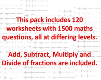 120 Fraction Worksheets - addition, subtraction, multiplication, division, add, subtract, times, divide, multiply