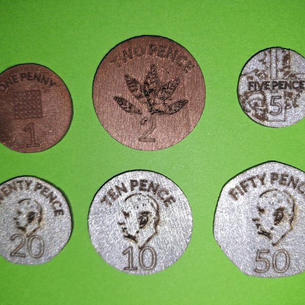 Wooden Coins - Roughly sized to UK coins - either mixture, 1p, 2p, 5p, 10p, 20 and 50p  (not plastic)